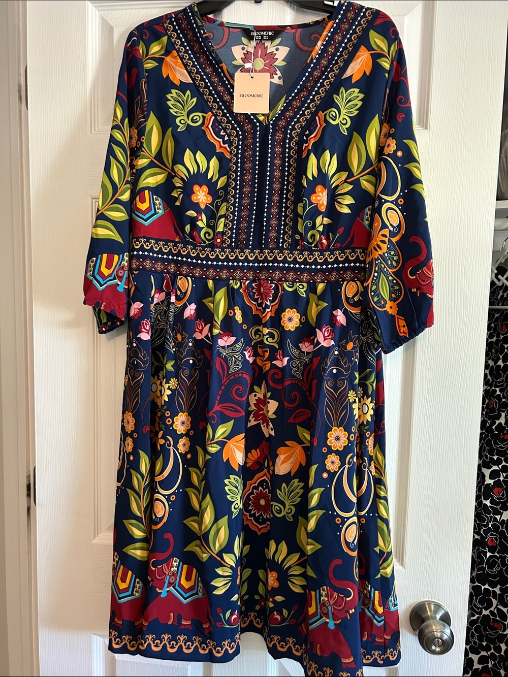 BloomChic Navy Midi Dress with Multicolor Floral Print